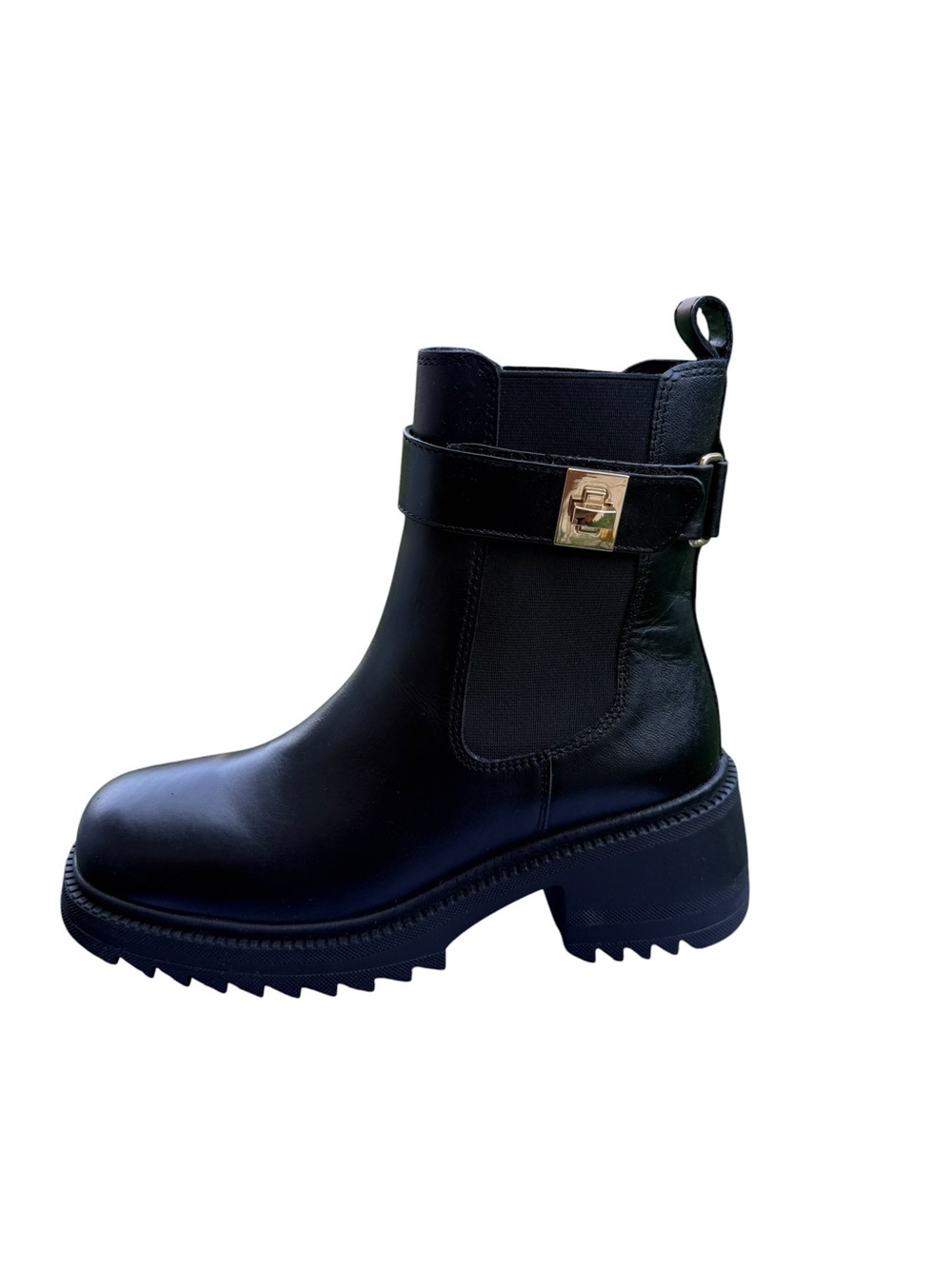 Steve Madden Gates Black Leat Leather Lug-Sole Ankle Boot with Gold Buckle